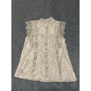 Cable & Gauge Women's Medium Blouse Tan Lace‎ Sleeveless Mock Neck